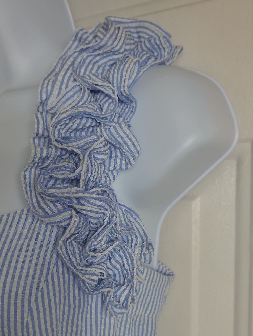 Eliza J Light Blue Ruffle-Strap Seersucker Jumpsuit with Waist Tie - Picture 7 of 15